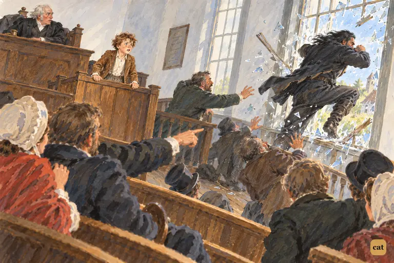 At the height of the trial, Injun Joe crashes through the tall courtroom window in a spray of glass.
