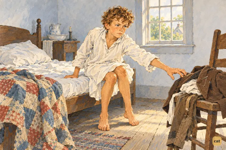 At dawn Tom throws off the quilt, sits on the bed's edge and reaches for his clothes