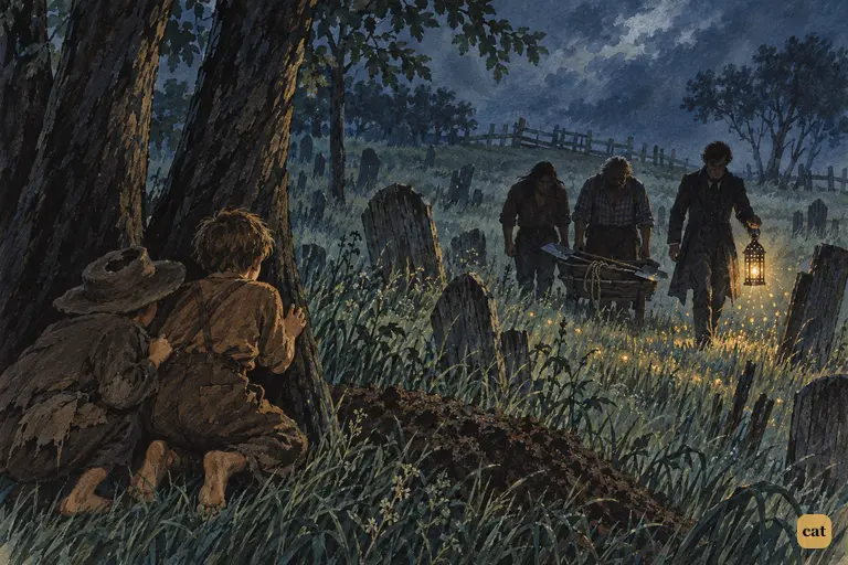 Tom and Huck crouch by the three elms as three dark figures cross the night graveyard