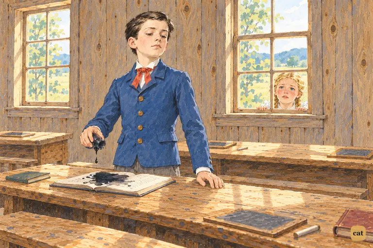 In the empty noon schoolroom, Alfred Temple pours the last of the ink over Tom's spelling-book.