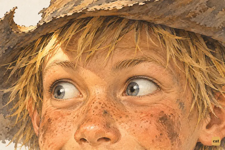 At the mention of a brass pot of a hundred dollars, Huck's grey eyes light up