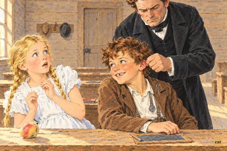 Tom is still beaming at Becky when the schoolmaster's big fingers close on his ear from behind.