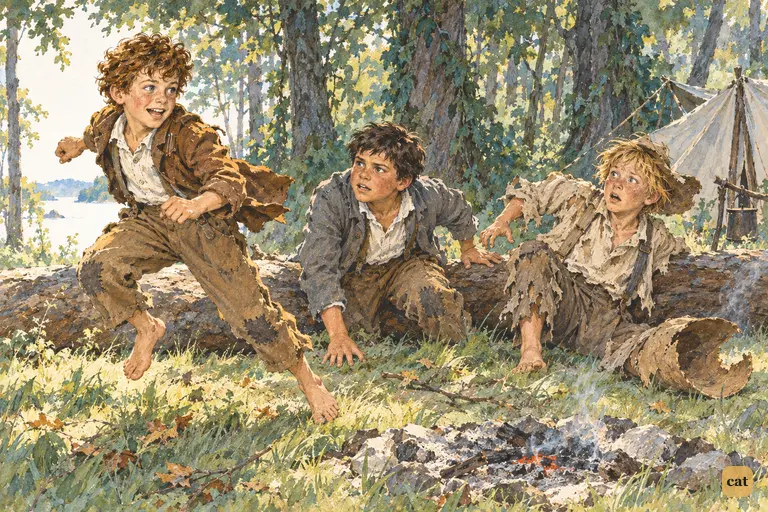 A second muffled boom breaks the hush, and the three pirates jump up from the log