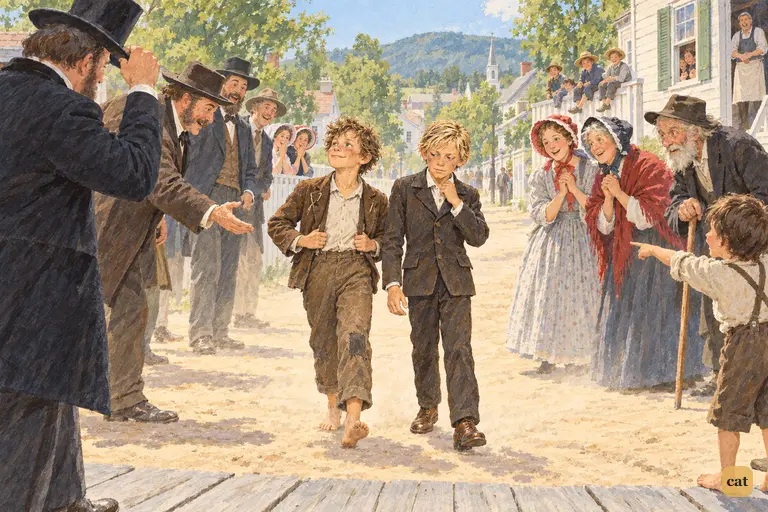 The whole village of St. Petersburg crowds the main street to admire Tom and Huck