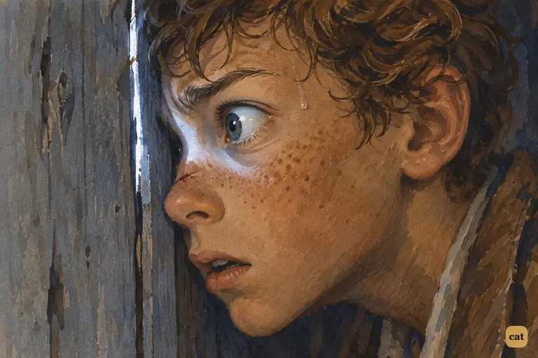 Tom Sawyer gives in and presses his eye to a moonlit crack in the tannery wall.