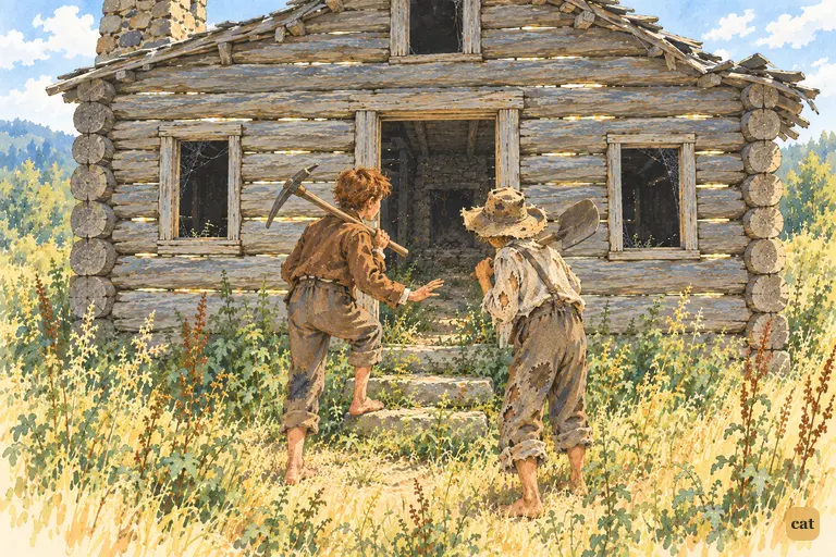 At noon, under a baking sun, Tom and Huck stop at the weed-smothered doorsteps of the haunted house.