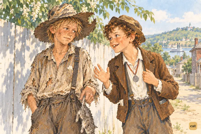 By the whitewashed fence, Tom eagerly asks to join Huck's midnight graveyard trip