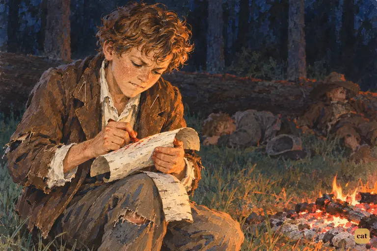 Tom kneels by the dying fire, writing on sycamore bark with his red keel