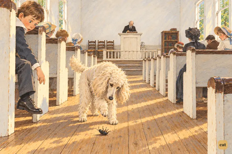 A bored poodle stops over the upturned pinchbug in the aisle, his tail starting to wag
