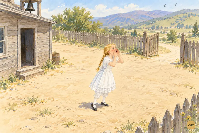 Becky stands alone in the noon play-yard, calling after Tom toward the fence