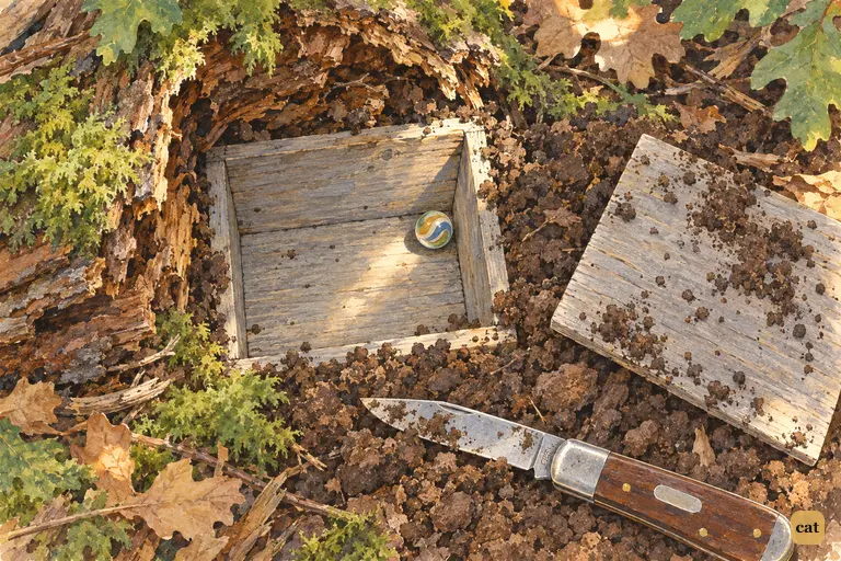 A shingle-lined hiding place under a rotten log holds just one glass marble
