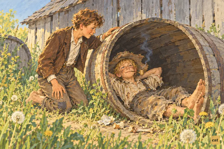 On the third morning Tom finds the missing Huck behind the abandoned slaughter-house.