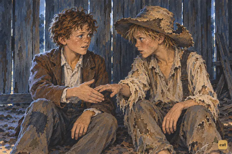 In the moonlit tannery, Huck pushes Tom's hand aside: this secret needs writing and blood