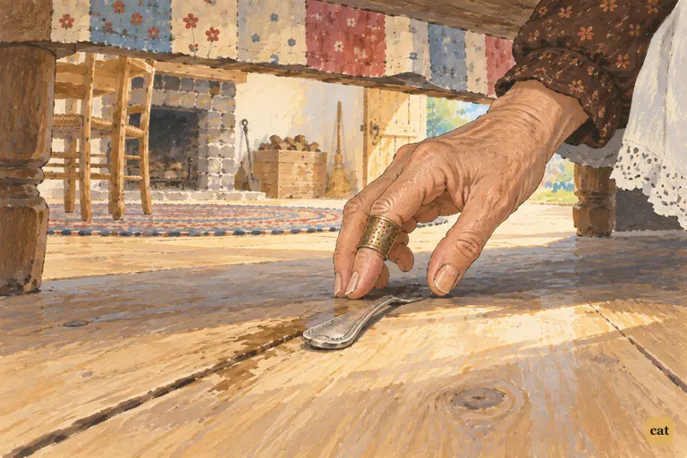 Aunt Polly reaches for a pewter teaspoon handle sticking out from under the bed