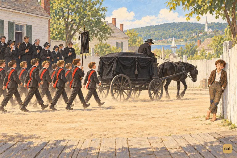 At old Judge Frazer's funeral, the Cadets of Temperance march in their red sashes behind the hearse.