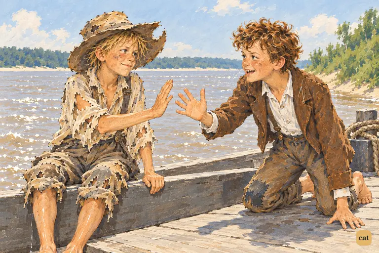 On the sunny flatboat deck, Tom thrusts out his hand to seal the pact and Huck meets it