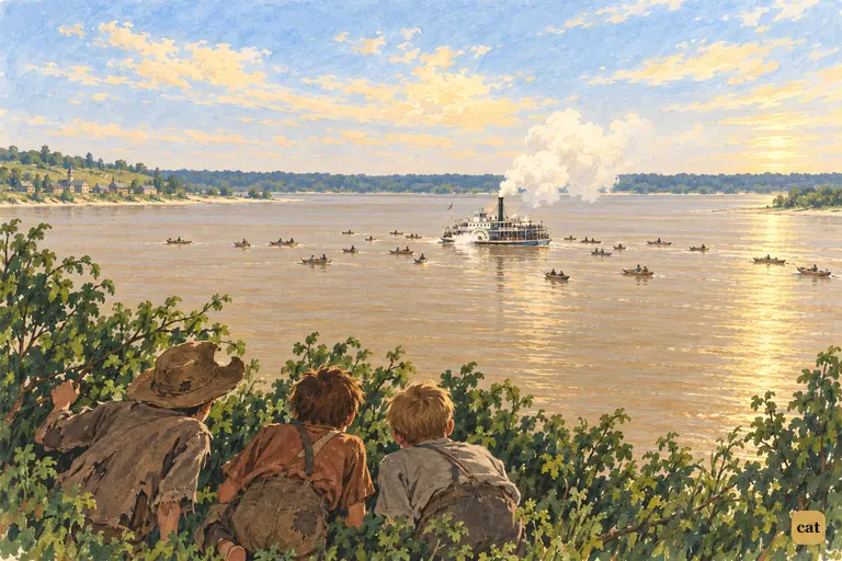 From the island bushes, three boys watch a crowded ferry ringed by skiffs on the river