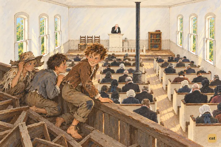 The three "dead" boys crouch in the dim, unused gallery among broken benches.
