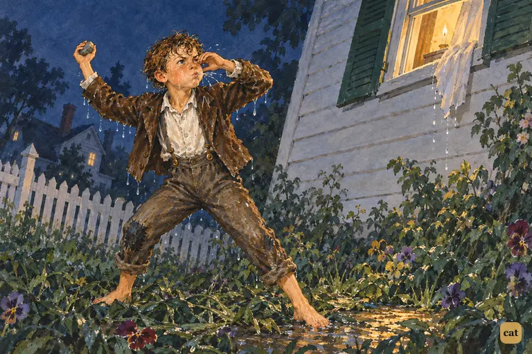 Soaked by the maid's basin of water, Tom springs up from the pansy bed under the Thatcher window.