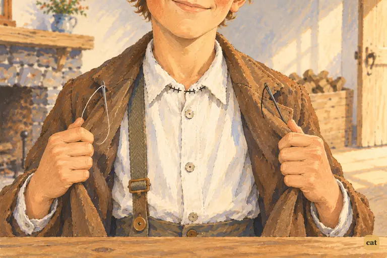 Tom holds his jacket open across the supper table and shows the shirt collar still stitched shut.