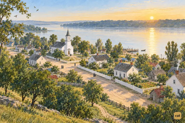 The sun rises over the river village as churchgoers walk toward the little white church