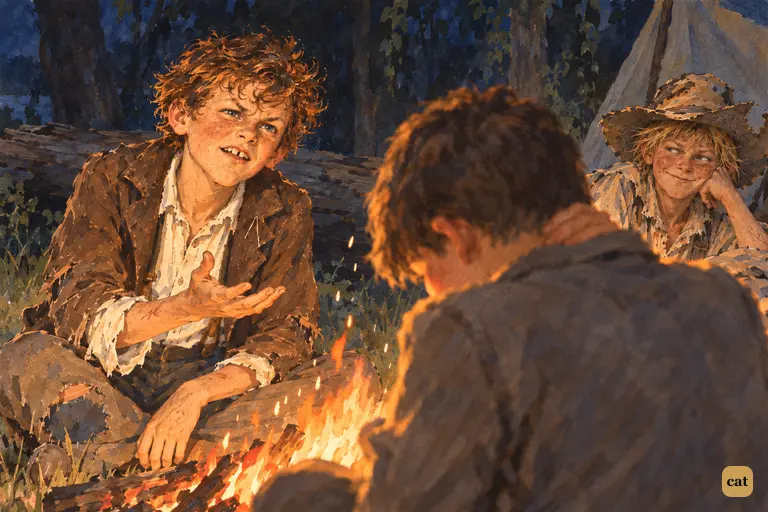 By the night campfire, Tom mocks Joe's timid hint about going home, and Huck smirks along with him.