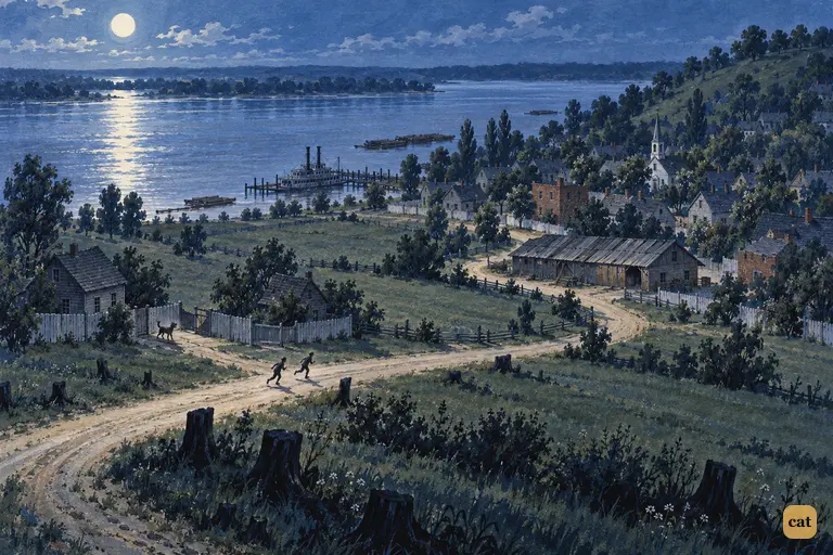 A wide moonlit countryside between the graveyard hill and the sleeping village.
