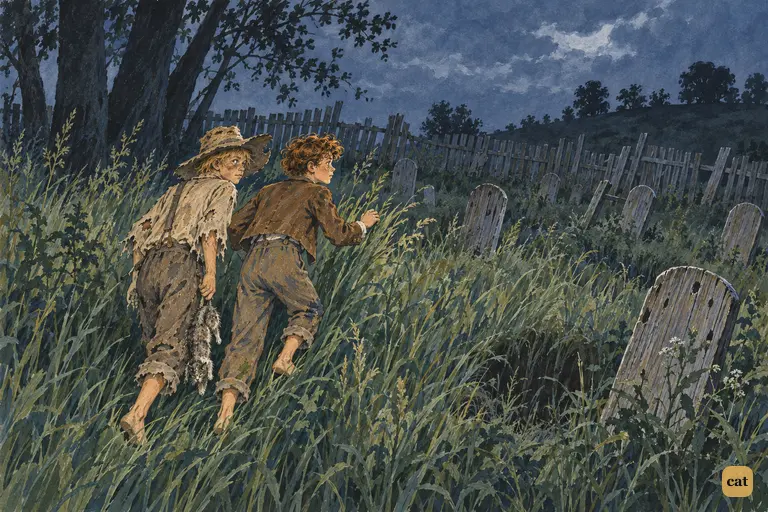 Tom and Huck wade through rank grass into the neglected hilltop graveyard at night.