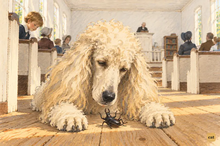 The sleepy poodle's head sinks lower and lower toward the upturned pinchbug in the church aisle.