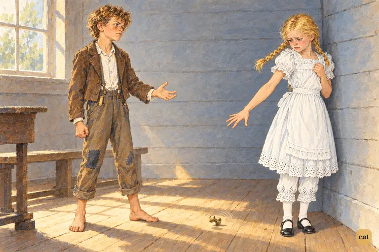 Becky knocks Tom's brass andiron knob from his hand, and it rolls across the floor