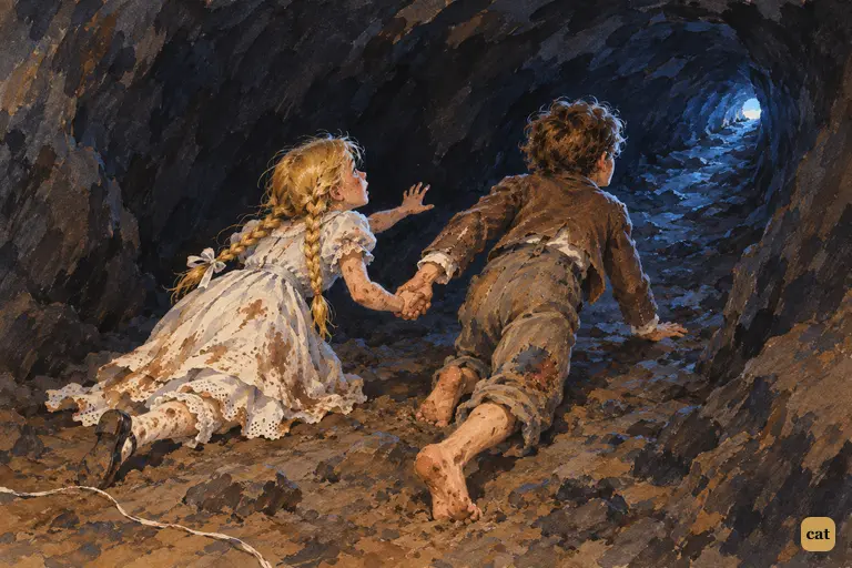 In the black passage, Tom guides the exhausted Becky toward a tiny speck of daylight