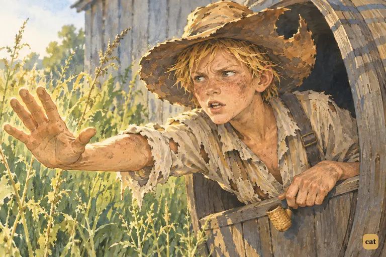Huck leans out of his hogshead and pushes his palm toward Tom, refusing his fortune