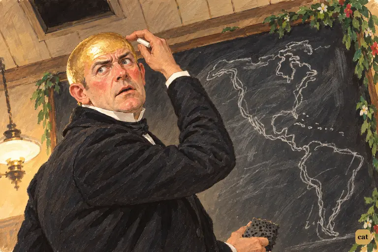 The wig is gone, and the master's gilded bald head blazes in the lamplight