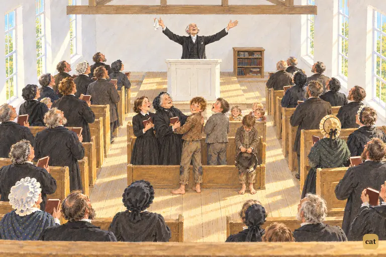 The funeral turns into a celebration: the whole packed church stands and sings Old Hundred.