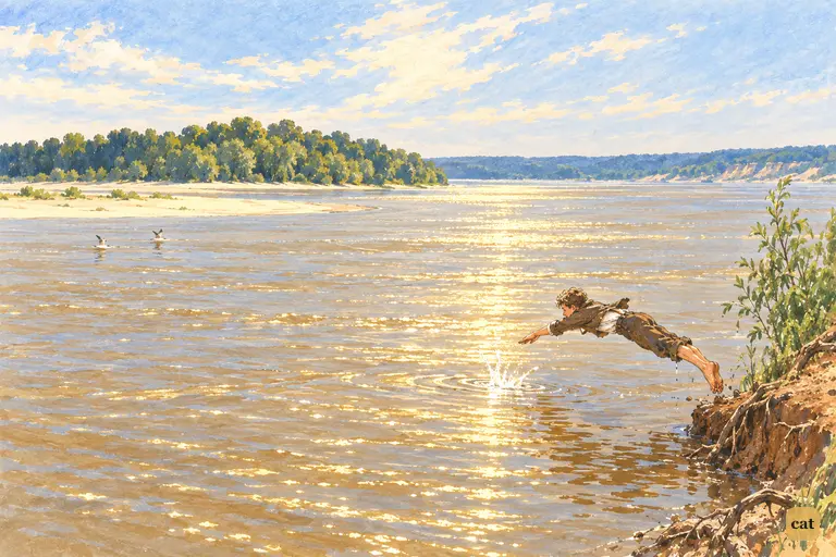 Tom dives into the sunlit Mississippi from the Illinois bank, heading for the island