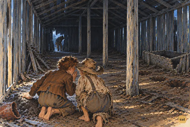 The blood oath is sealed, and Tom and Huck whisper with their heads together in the moonlight.