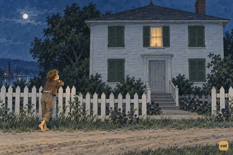Night after night, Tom hangs around Judge Thatcher's silent house, feeling very miserable.