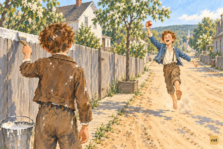 Tom whitewashes the fence as Ben Rogers bounds down the street with an apple, whooping