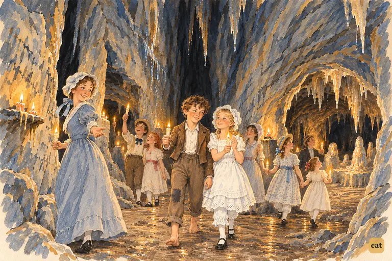 The picnic party files down the main avenue of McDougal's cave by candlelight