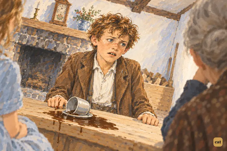 Tom sits frozen at the breakfast table, gripping its edge as the room swims around him