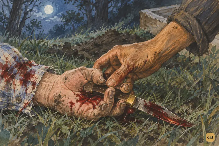 Under moonlight, Injun Joe folds Muff Potter's limp fingers around the bloody knife