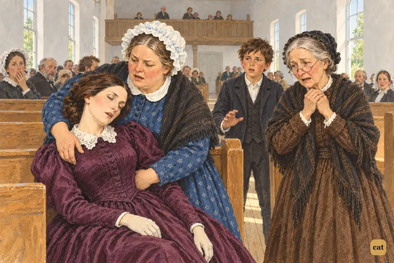 Mrs. Thatcher faints into Mrs. Harper's arms in her pew as Aunt Polly weeps