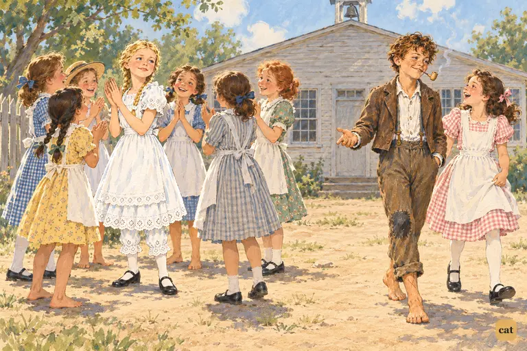 In the sunlit schoolyard, the girls clap around Becky over her picnic invitations.