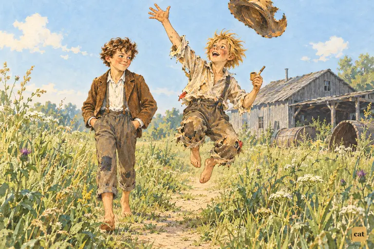 Behind the slaughter-house, Huck leaps into the air and flings his ruined hat skyward