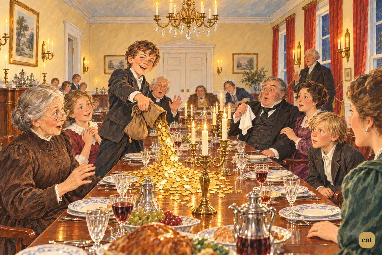 Tom pours a stream of gold onto the Widow Douglas's supper-table: half Huck's, half his