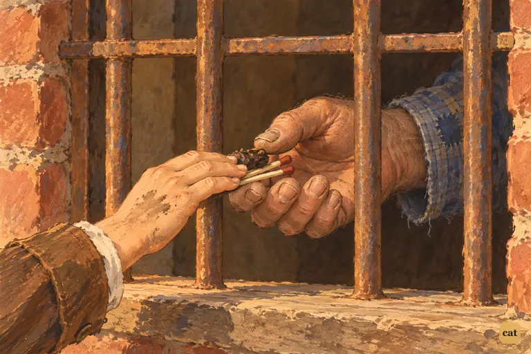 A boy's hand passes tobacco and matches through the jail grating to a big, rough hand