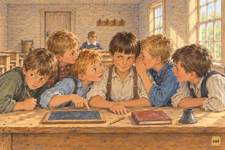 On the boys' bench, the smaller boys swear in the signpainter's boy, who grins