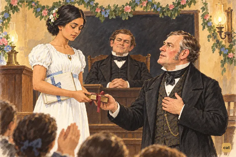 The mayor hands the first prize to the dark-haired young lady for her Vision