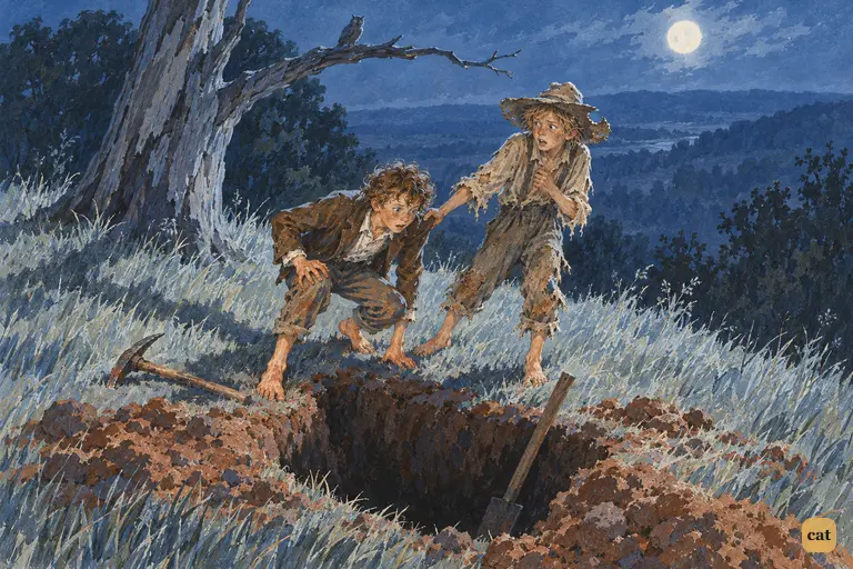 At midnight, Tom crouches over the treasure hole, imagining a dead man's skull rising