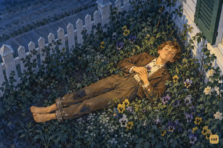 Tom lies under the window of the Adored Unknown, hands clasped over her wilted pansy